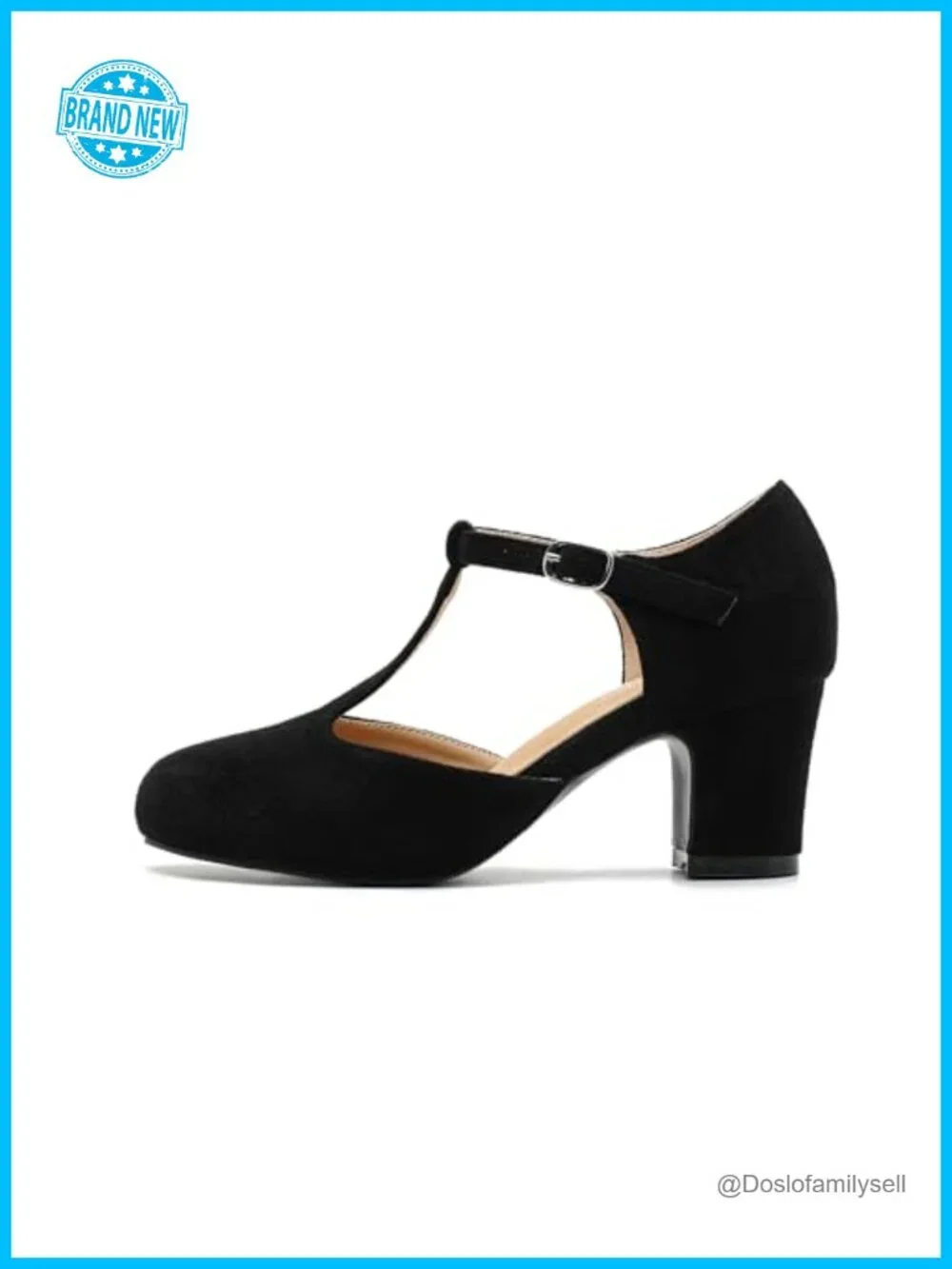 Women's T-Strap Mary Jane Pumps Block Heel Round Toe Buckle Closure